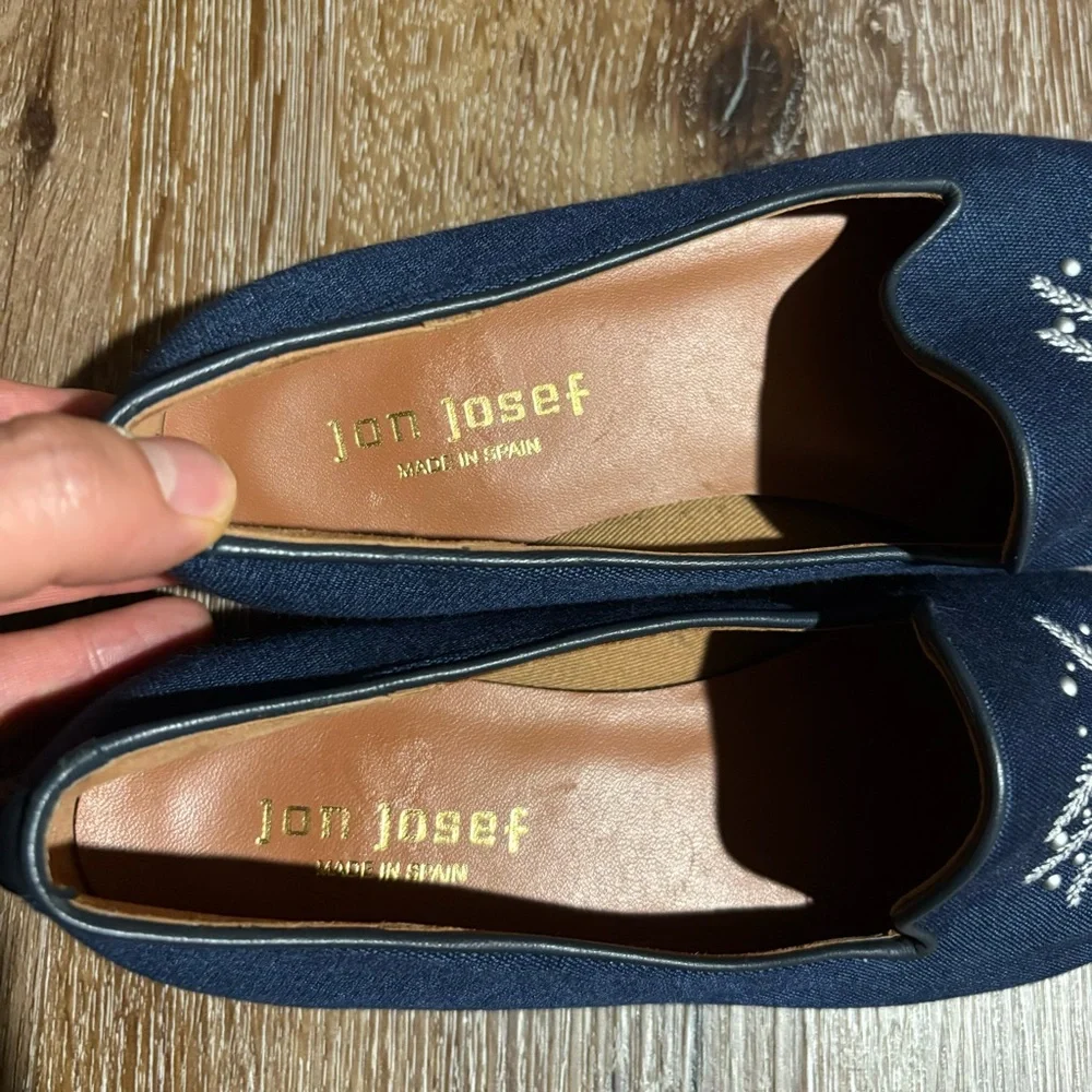 Jon Josef Spain Navy Palm Embellished Linen Loafer Slip On Size 7 Quiet Luxury